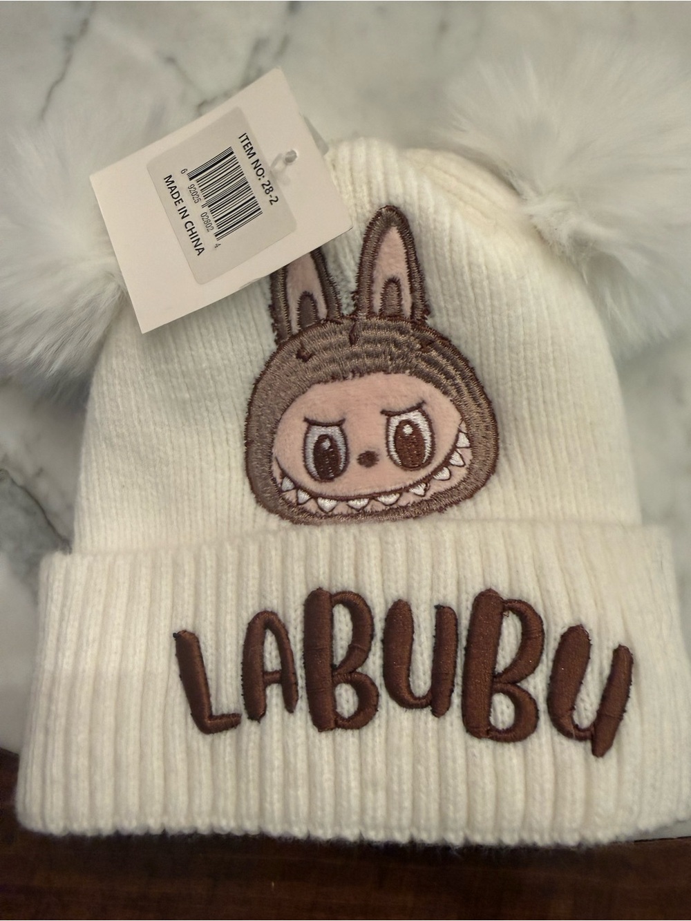 Labubu Kids Pom-Pom Beanie Hat - White with Brown Embroidery